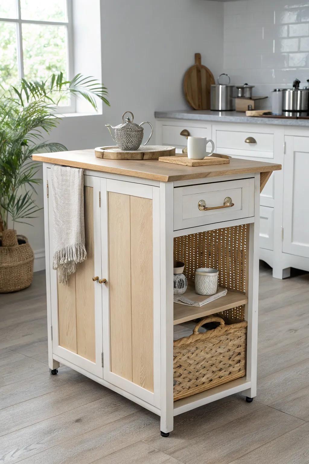 A compact rolling island with a drop-leaf—flip up for breakfast, fold down for prep.