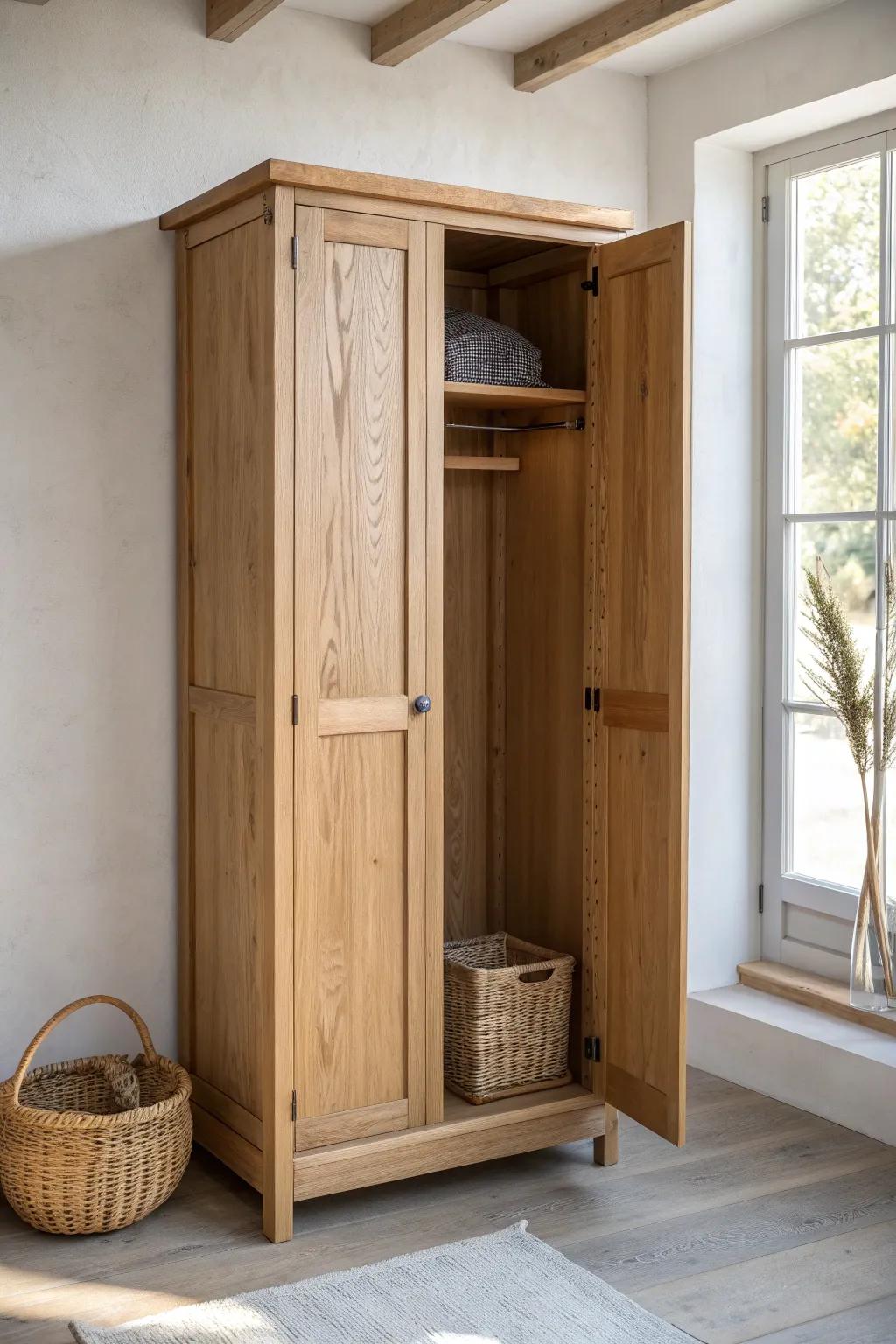 A tall oak locker gives each family member a calm, vertical drop zone for coats and gear.
