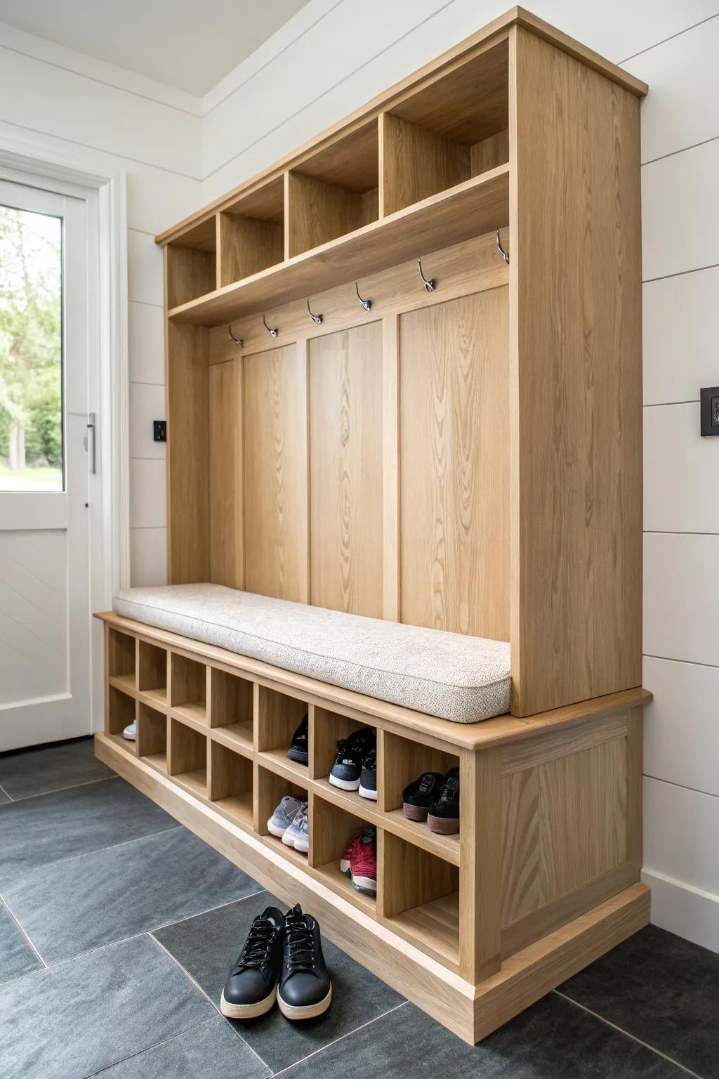 Built-in mudroom bench with open shoe cubbies—grab-and-go storage in warm Scandinavian oak.