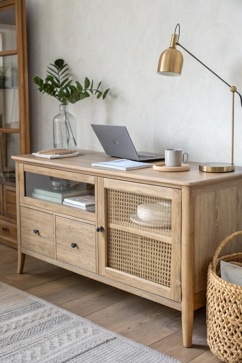 A sideboard that works double duty—stylish landing zone by day, dinner-ready surface by night.
