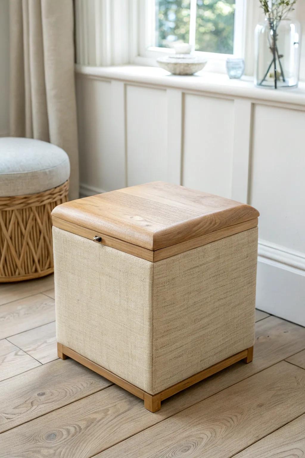 Cube storage ottoman: extra seating, hidden storage, and a wood-top coffee table in one.