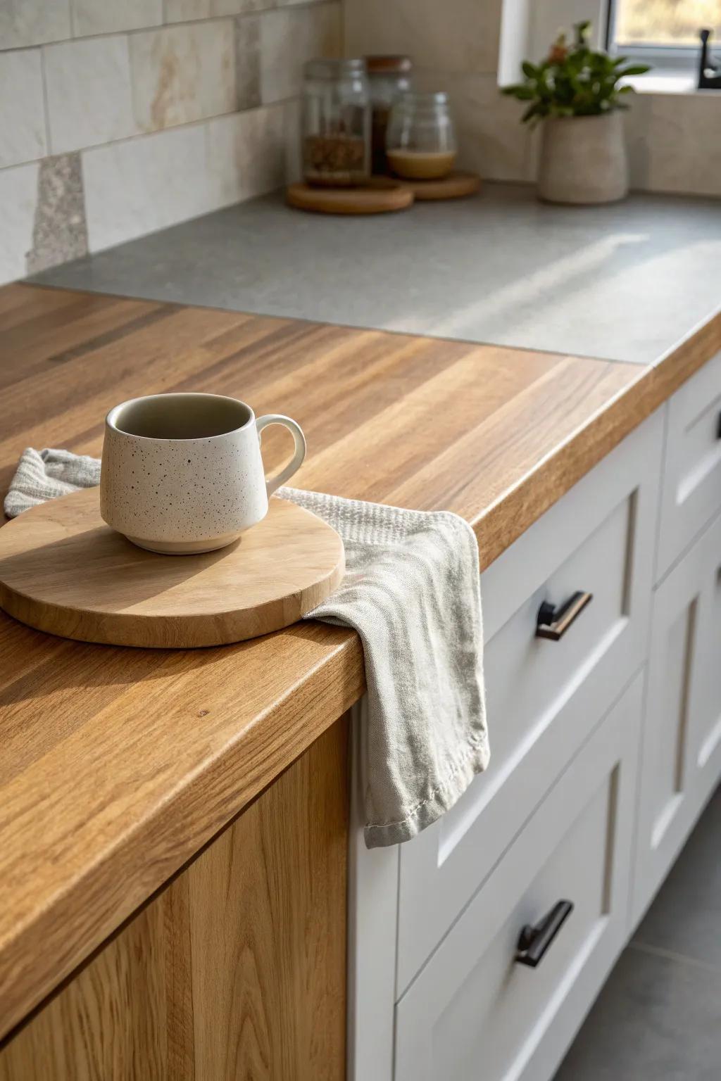 Warm wood meets cool stone—an effortlessly elevated countertop pairing with natural contrast.