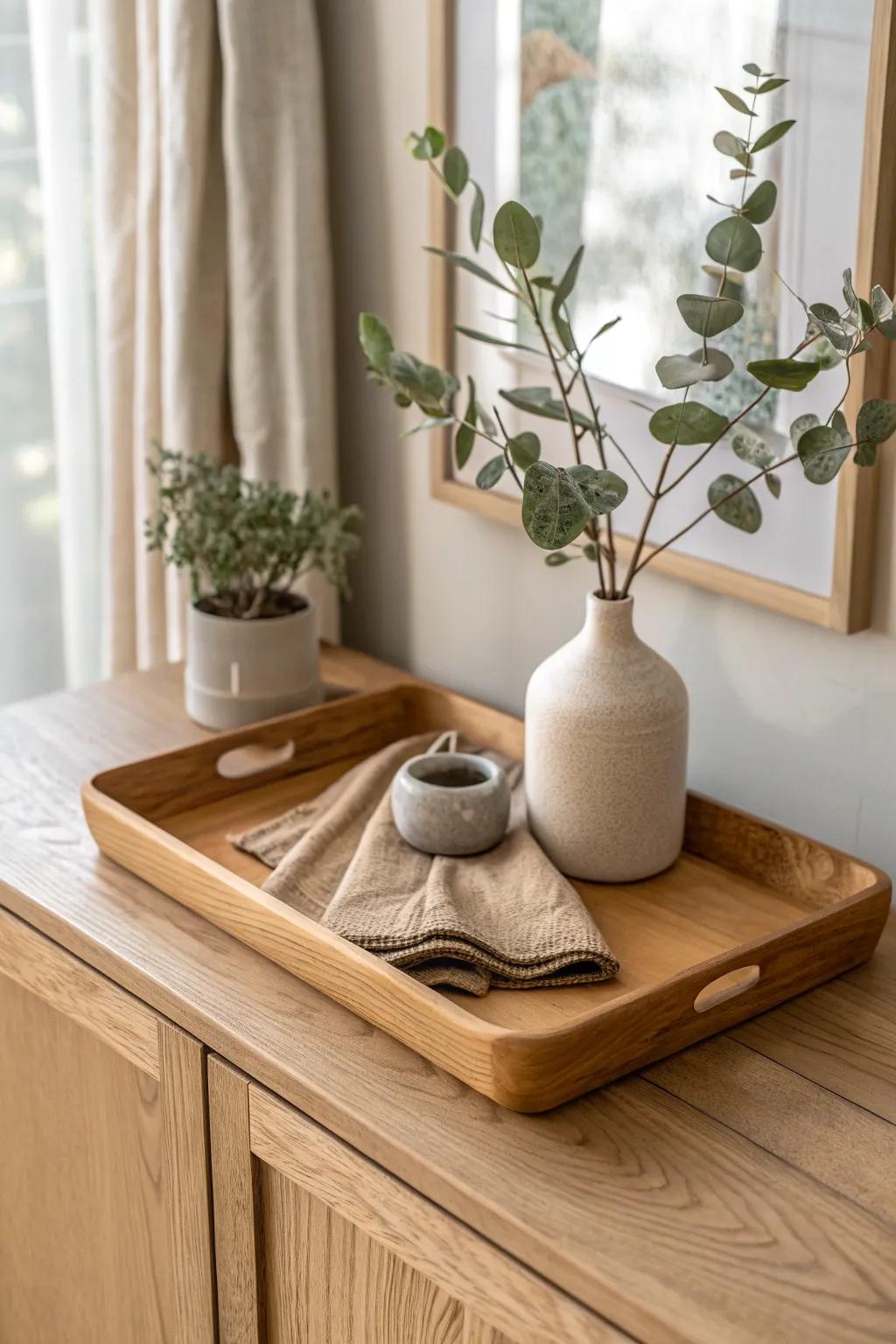 Warm neutrals + muted greens let the wood grain shine for an instantly calmer, natural vibe.