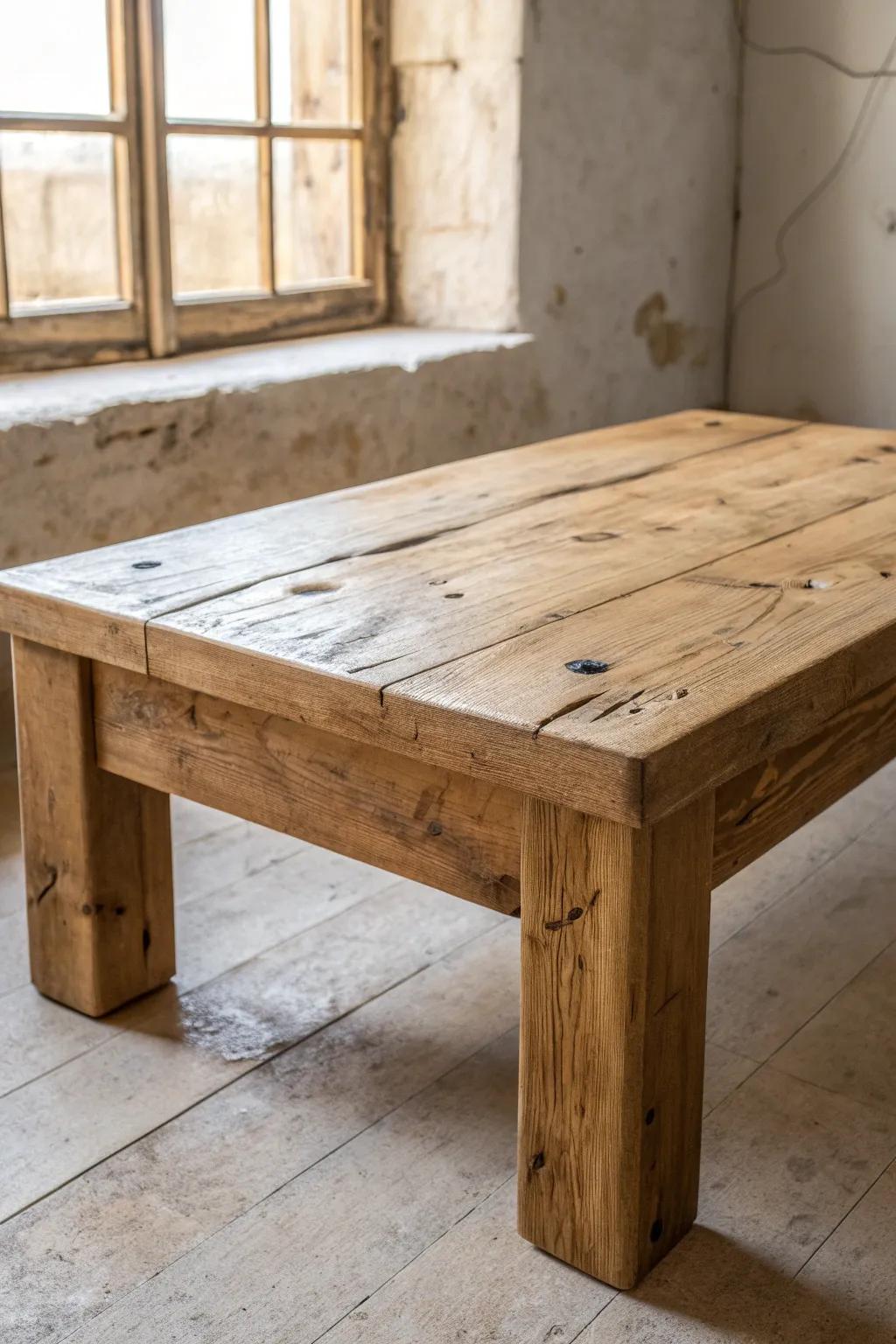Chunky reclaimed wood coffee table with a matte finish—warm, natural, and beautifully imperfect.