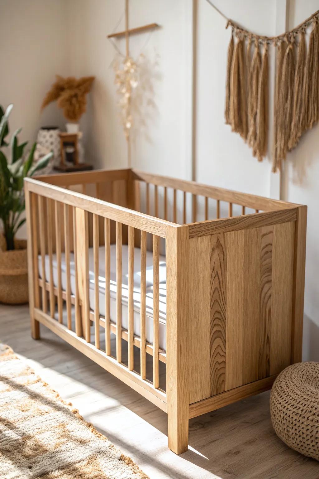 Cream walls and muted earth tones make natural wood nursery pieces feel warm, bright, and calm.