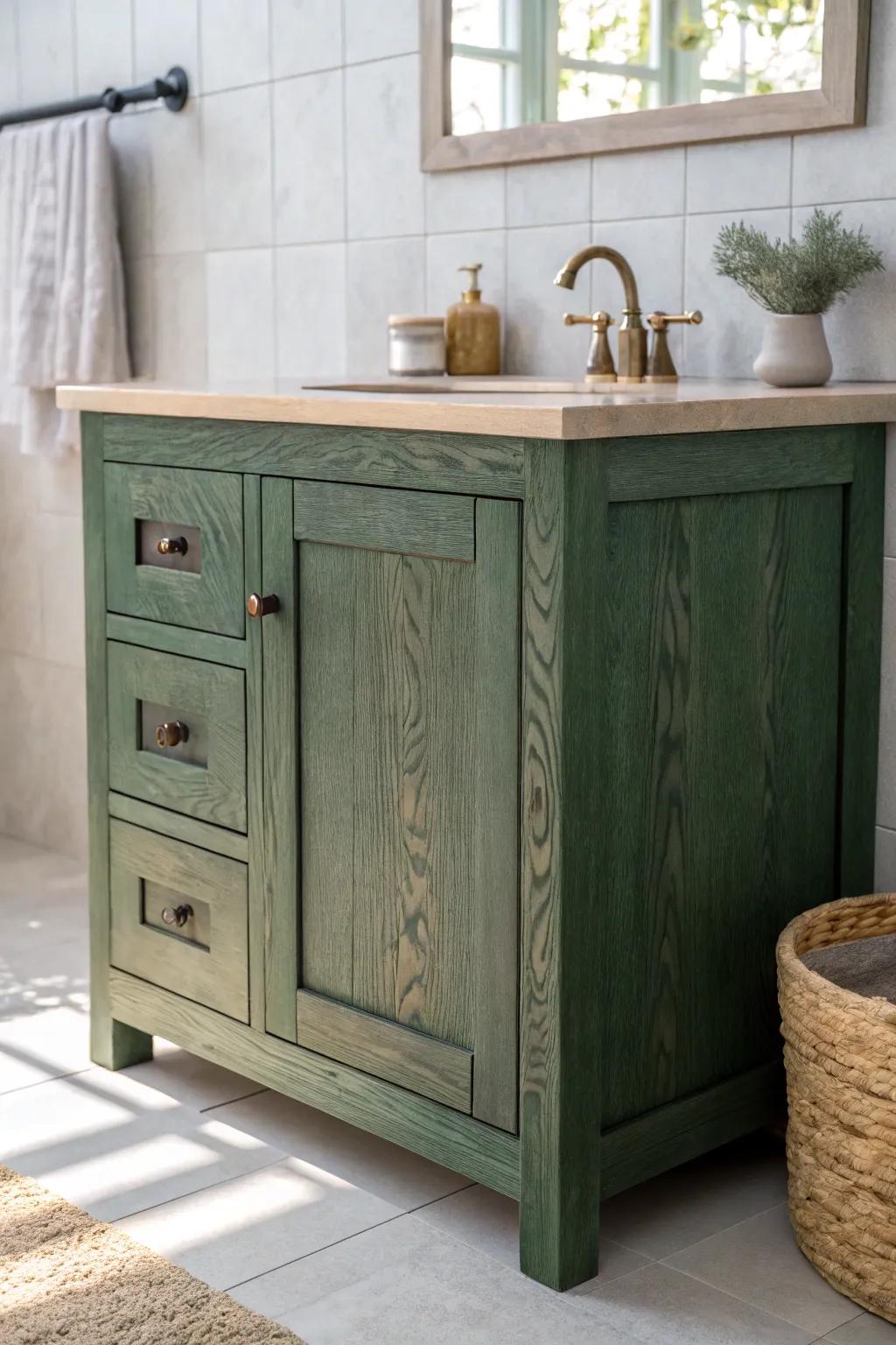 Moss-green vanity + sandy neutrals for a calm, nature-inspired Scandinavian bathroom.