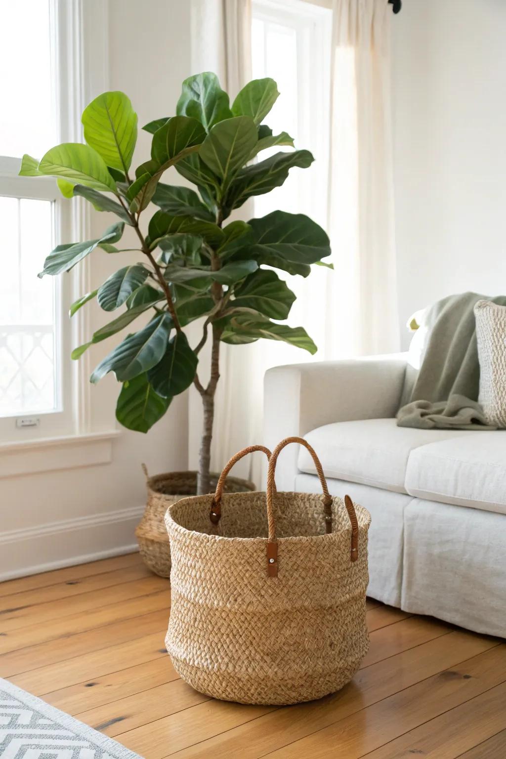 One statement plant in a woven basket brings effortless indoors-meets-outdoors calm.