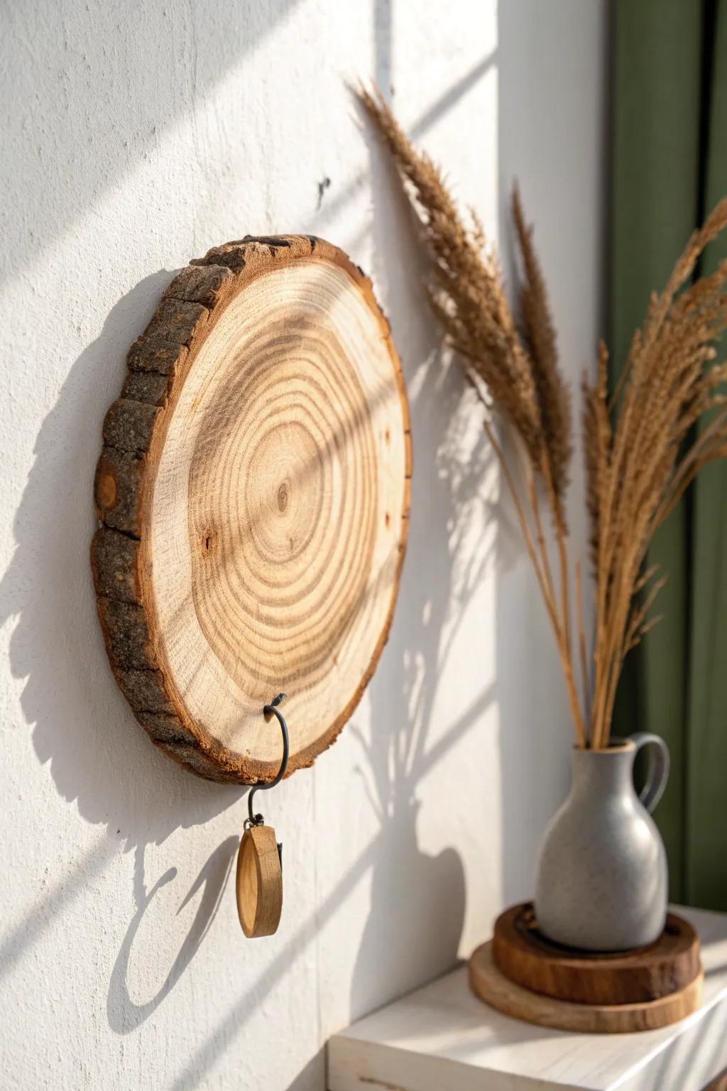 Tree-ring wood slice wall hook—natural, sealed, and sculptural for a calm entryway moment.