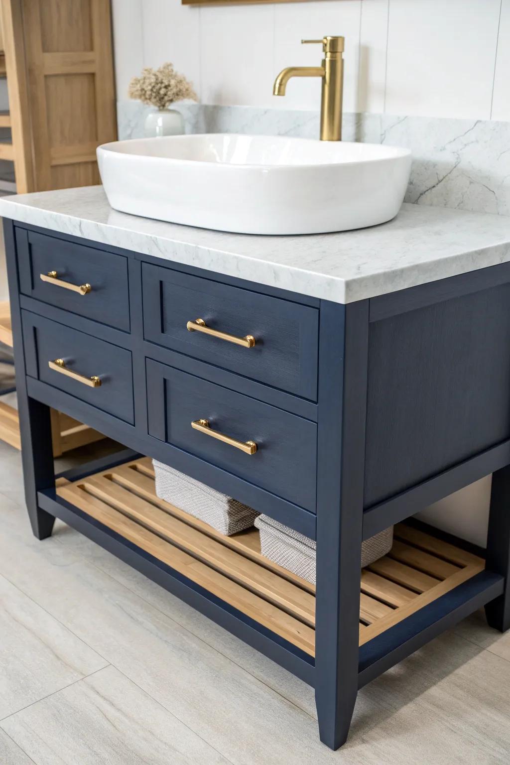 A navy wood vanity paired with a white veined top—bright, airy contrast with a refined finish.
