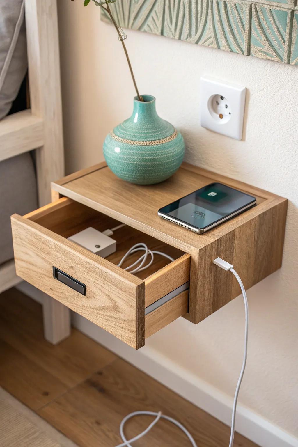 A floating wall-mounted drawer box that hides cords and clutter—minimal, warm, and handmade.
