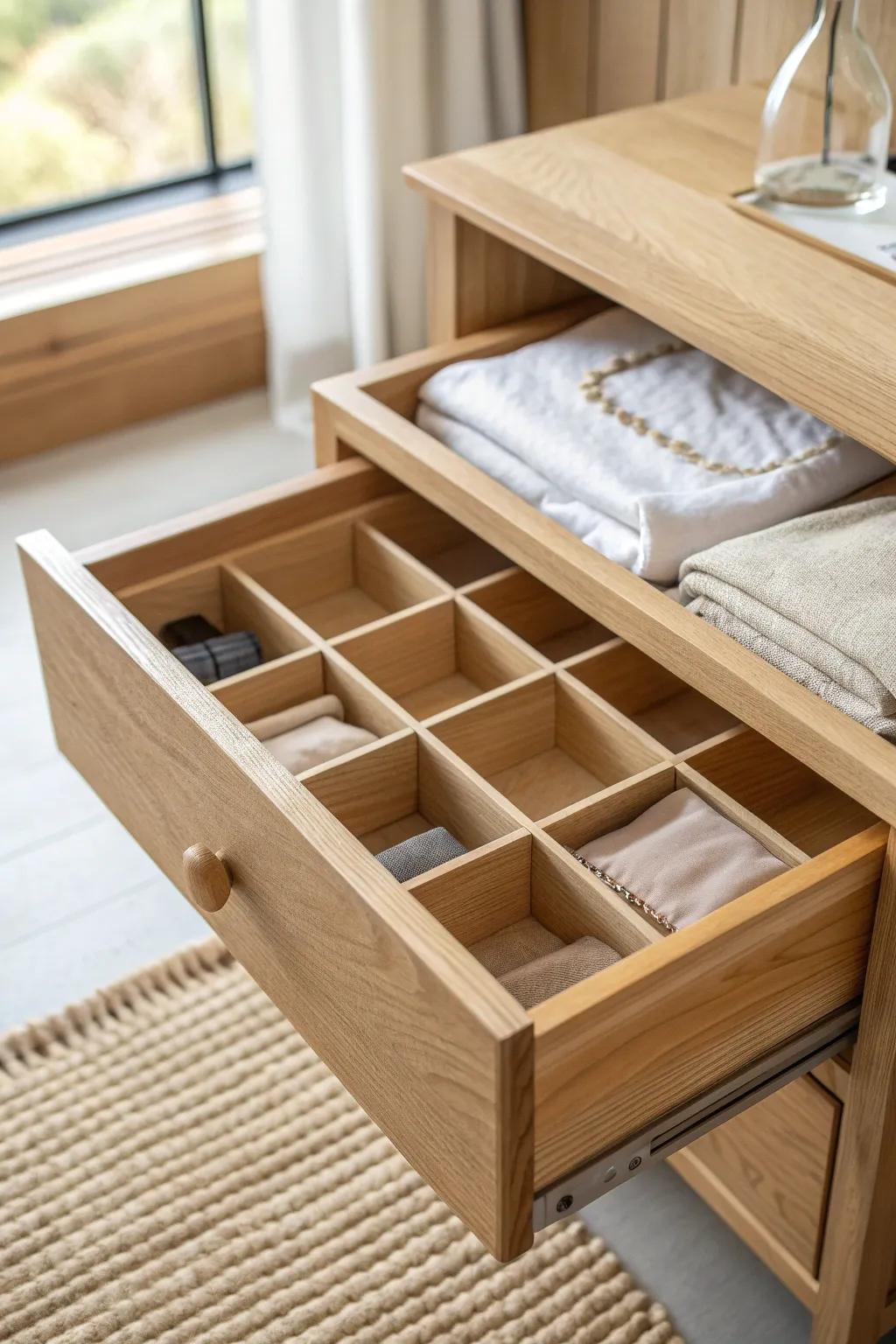 DIY plywood drawer dividers create a calm, custom nightstand drawer—no more nightly junk swirl.