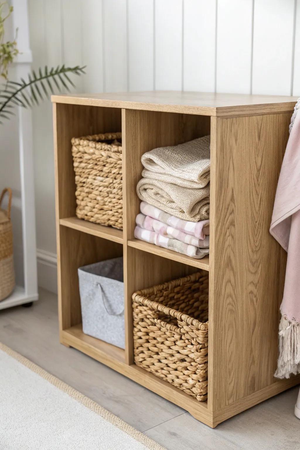 Woven baskets add cozy texture to nursery cube storage—hide blankets, keep it calm.