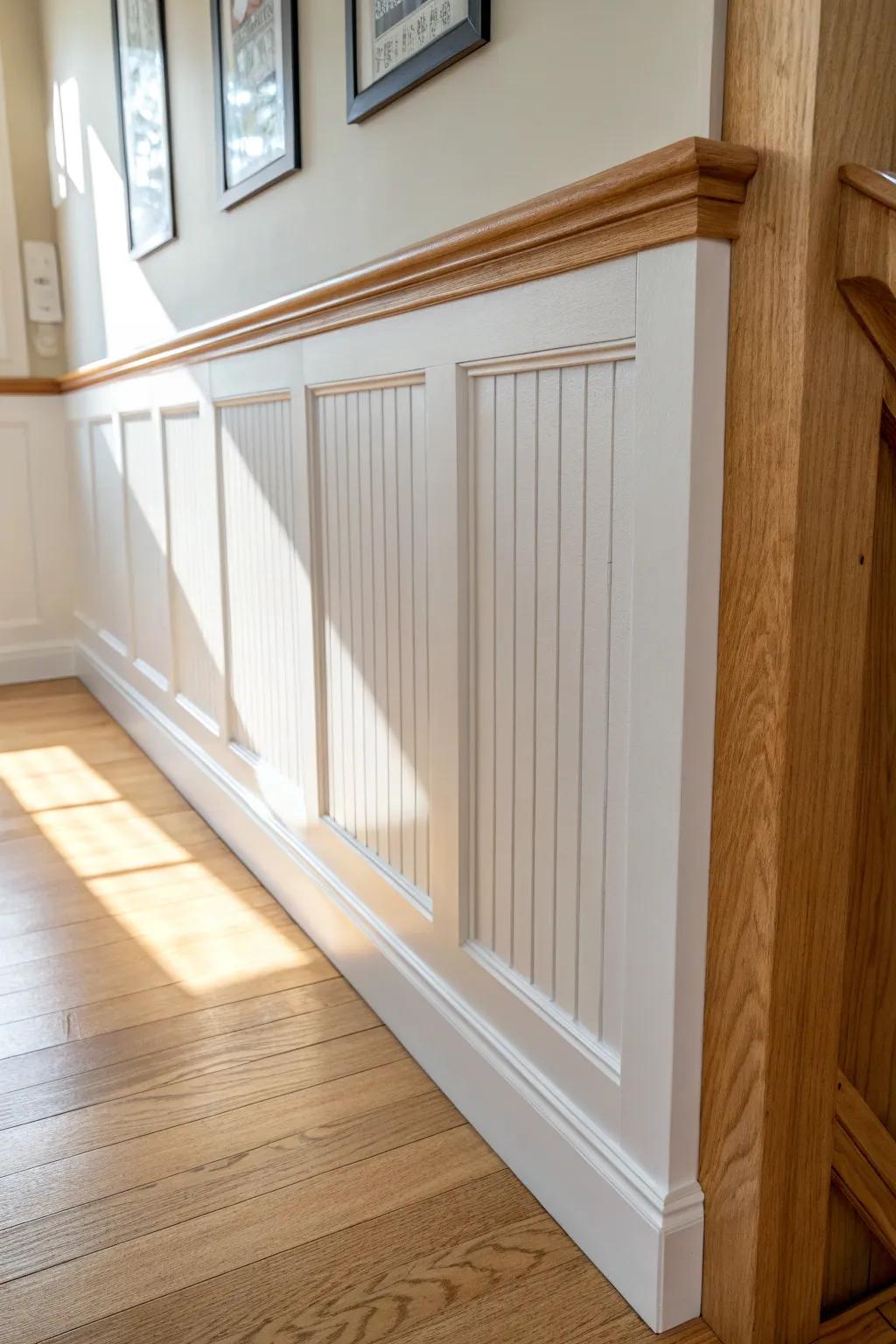 White oak beadboard wainscoting at chair-rail height for a bright, cottage-clean kitchen nook.