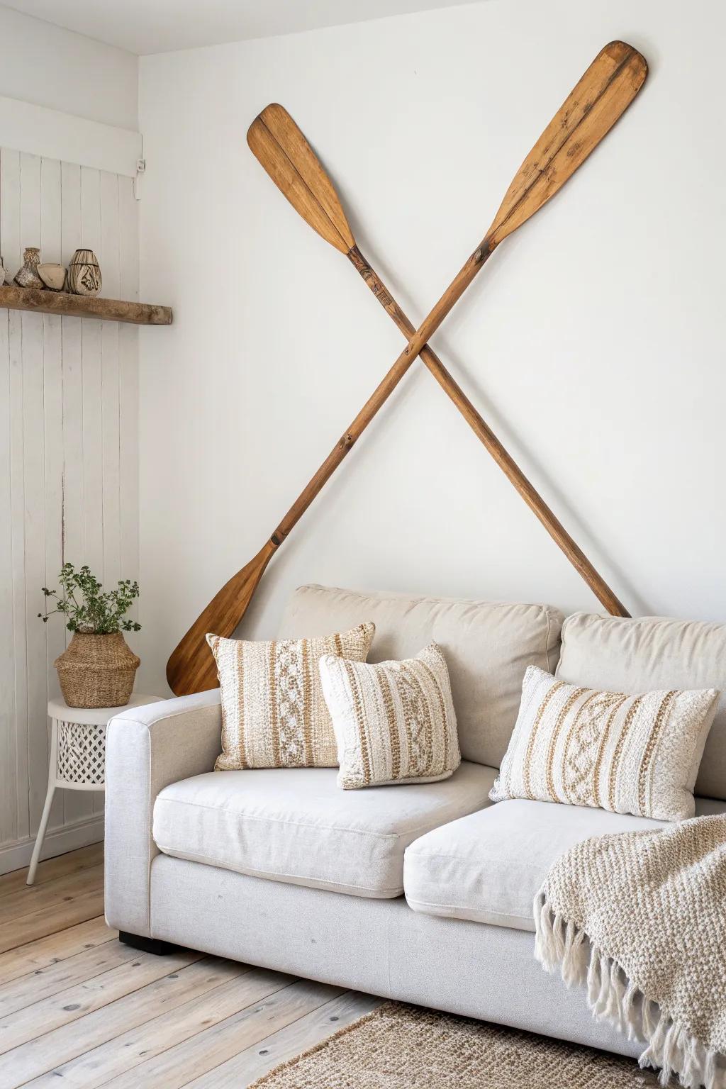 Criss-cross boat oars create an airy, handcrafted statement above the sofa—minimal, warm, and bold.