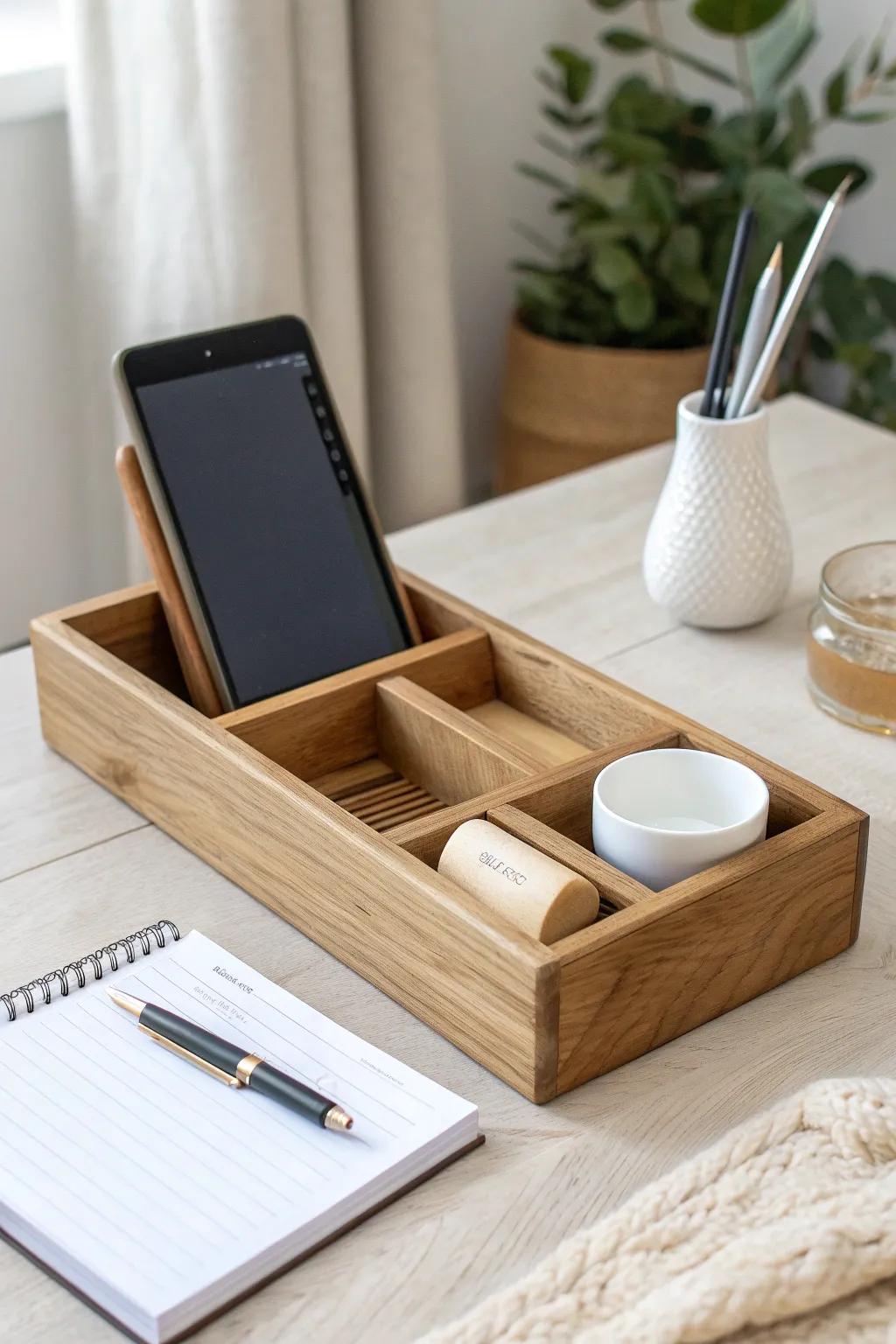 One wooden caddy, three work zones: screen, writing, drop—so your desk stays calm and effortless.