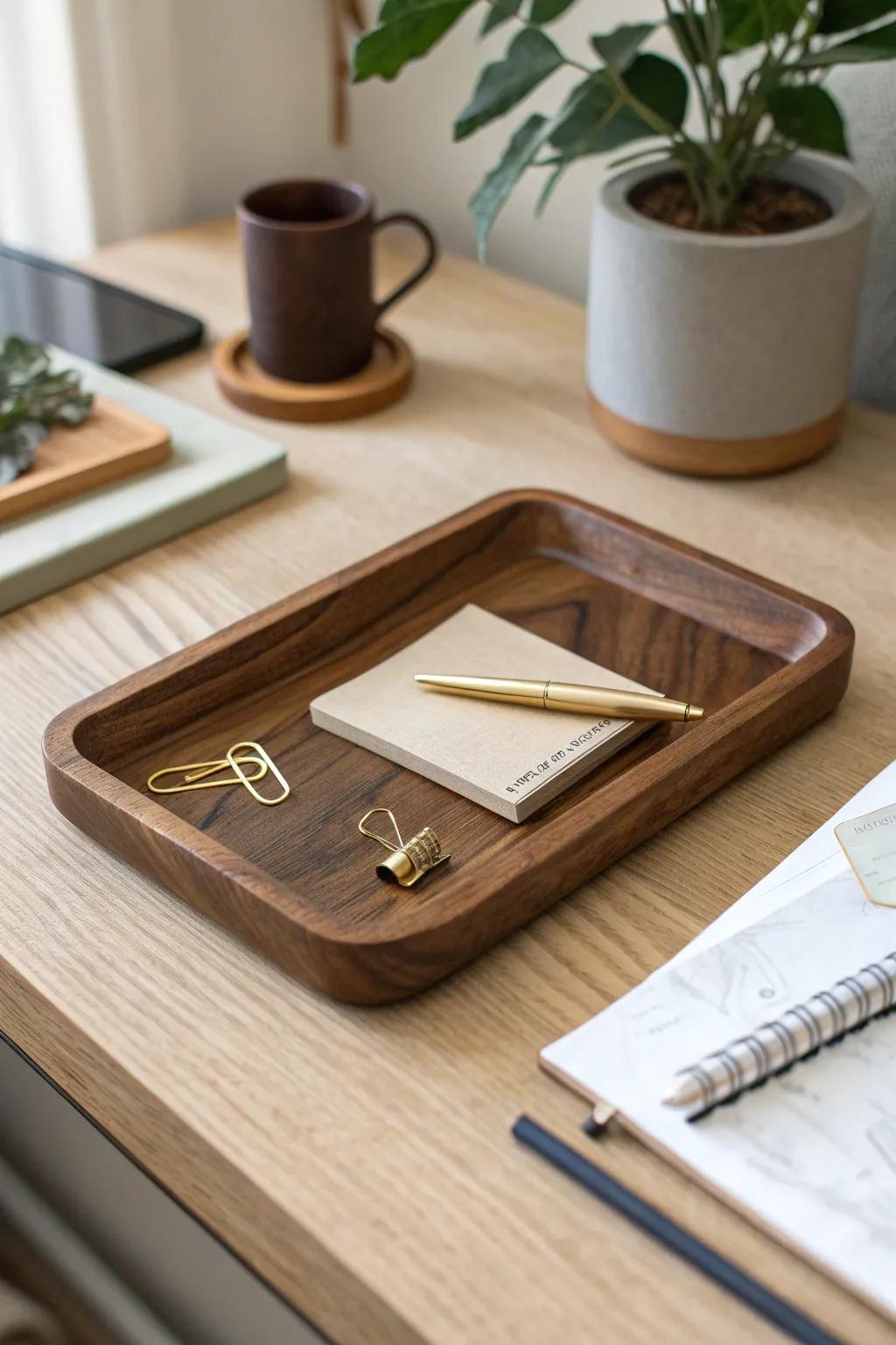 A simple wooden catchall tray that instantly tidies daily desk clutter—beautiful and practical.