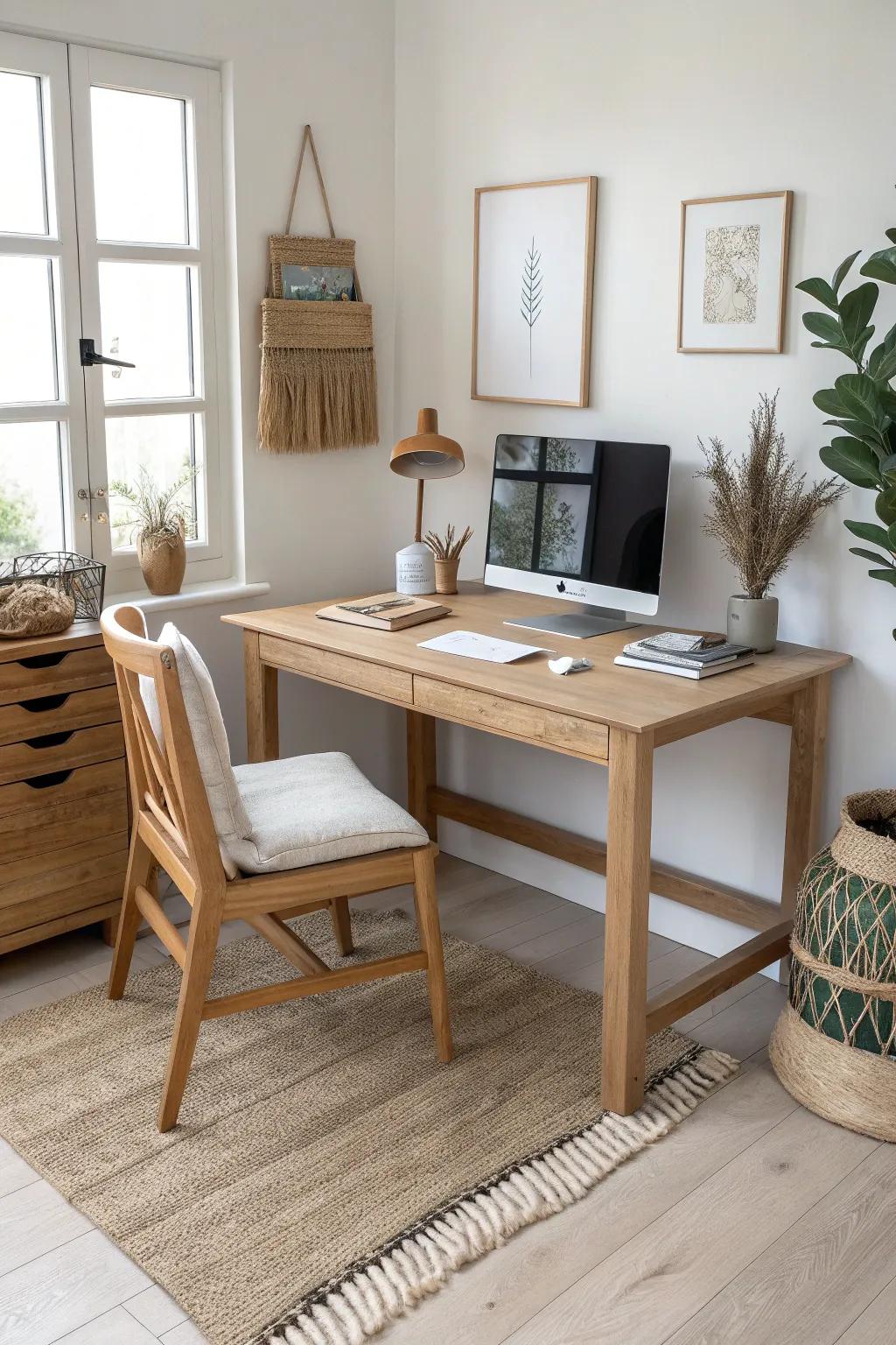 L-shaped corner desk: deep monitor wing, clean writing wing—crafted oak with calm, airy style.
