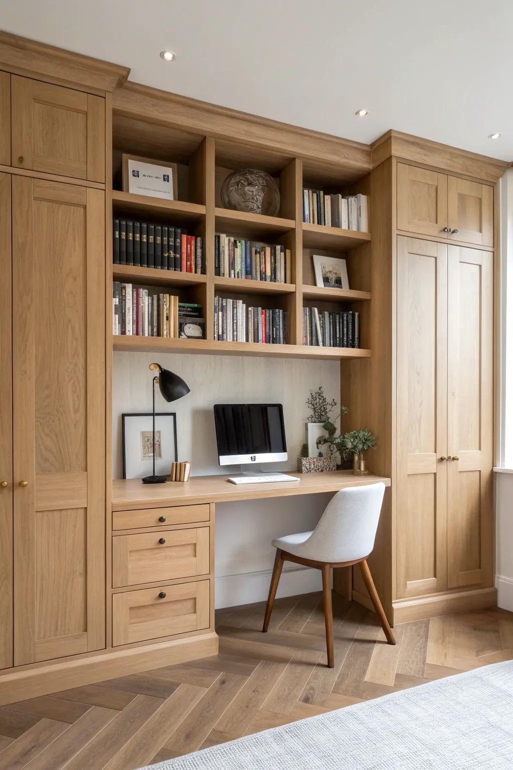 Built‑in desk nook framed by matching bookcases—symmetry that makes an office library feel calm.