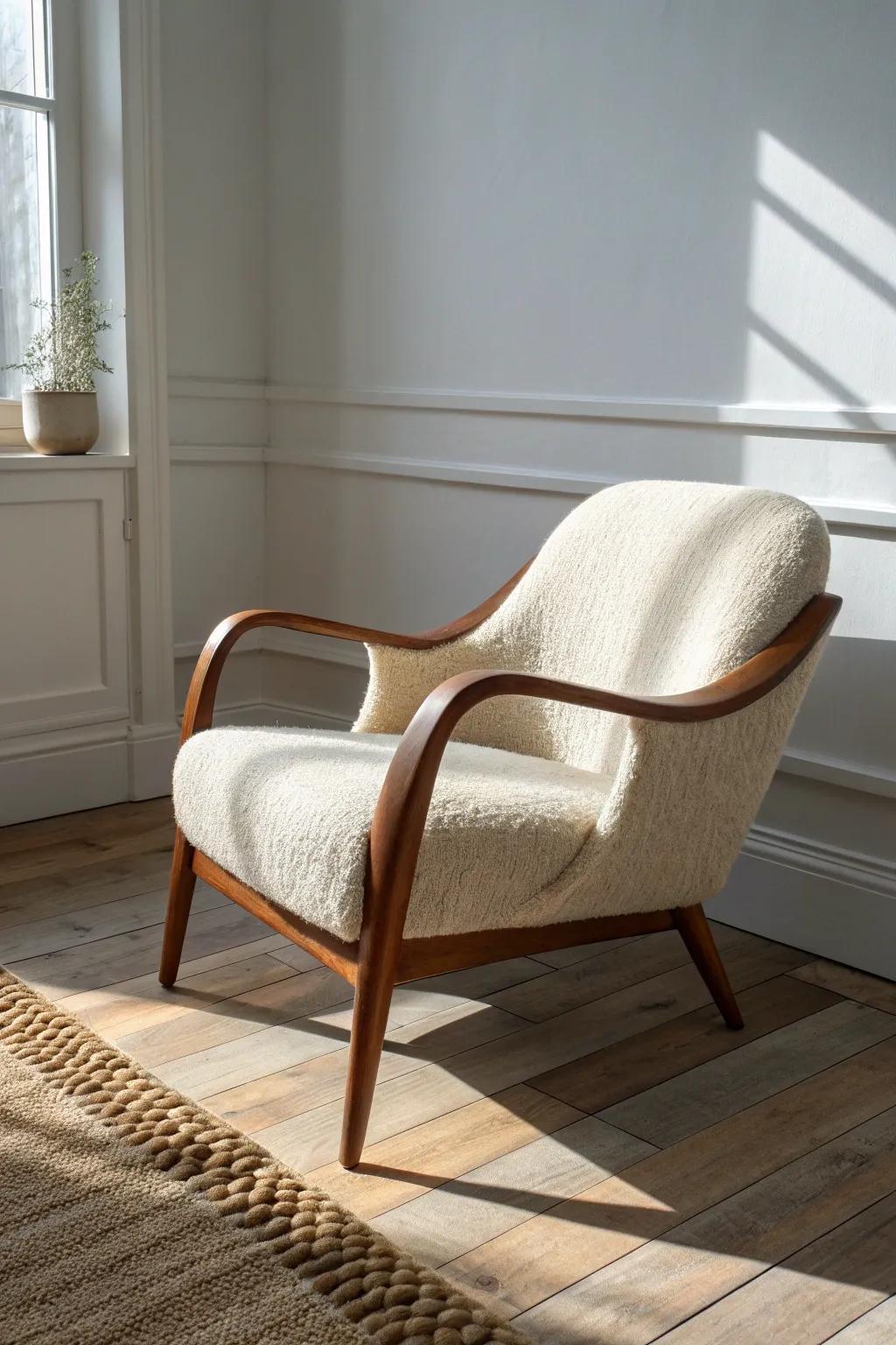 A statement armchair with warm wood arms—minimal, inviting, and perfect for a polished lobby.