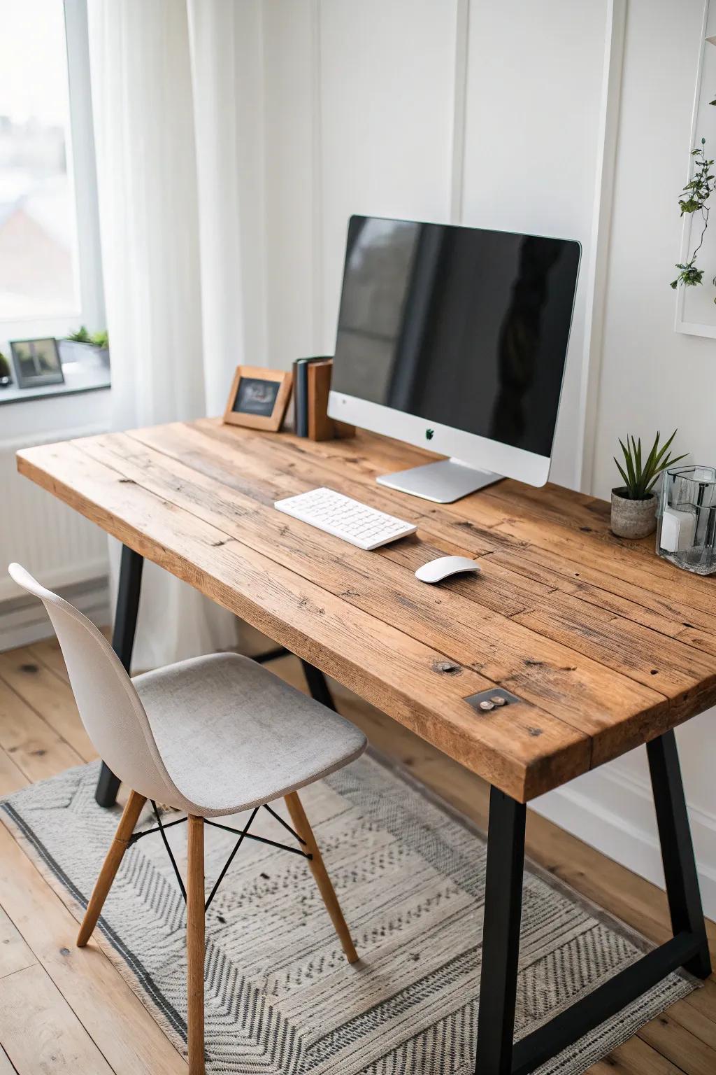 Upgrade your workspace with a matte reclaimed-wood desk top—warm grain, calm focus, instant refresh.