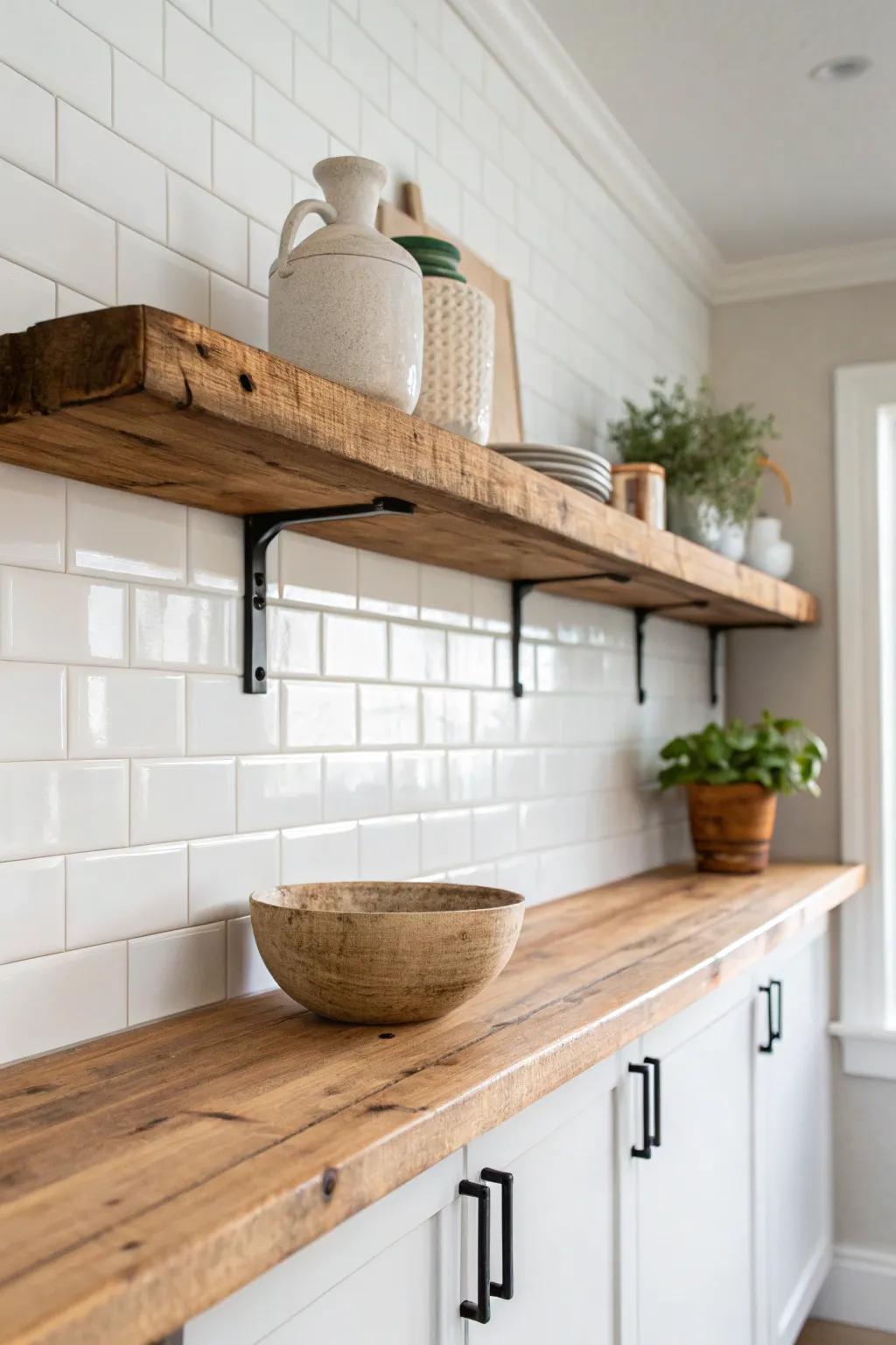 Timeworn reclaimed wood open shelf with saw marks and knots—farmhouse charm, Scandinavian calm.