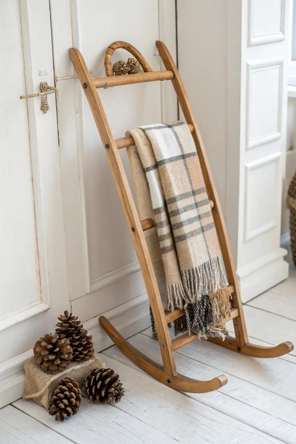 Cozy up a vintage wooden sled with a plaid scarf wrap and pinecones—instant cabin charm.