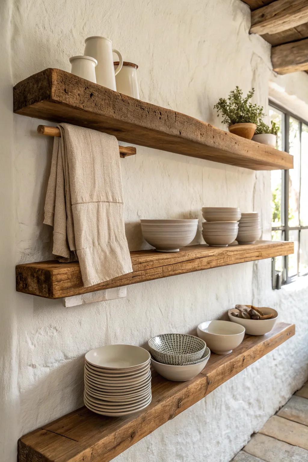 Thick reclaimed plank open shelving for a cozy old-kitchen feel—simple, warm, timeless.