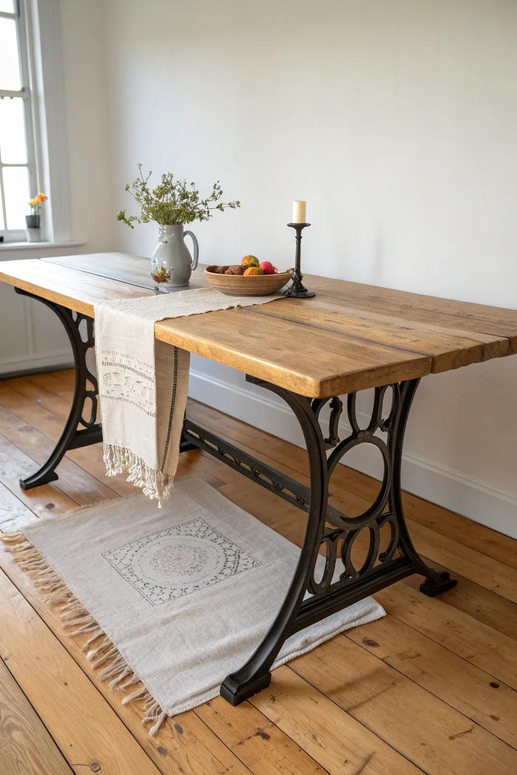 Farmhouse dining table on vintage treadle bases—minimal, sturdy, and a true conversation piece.