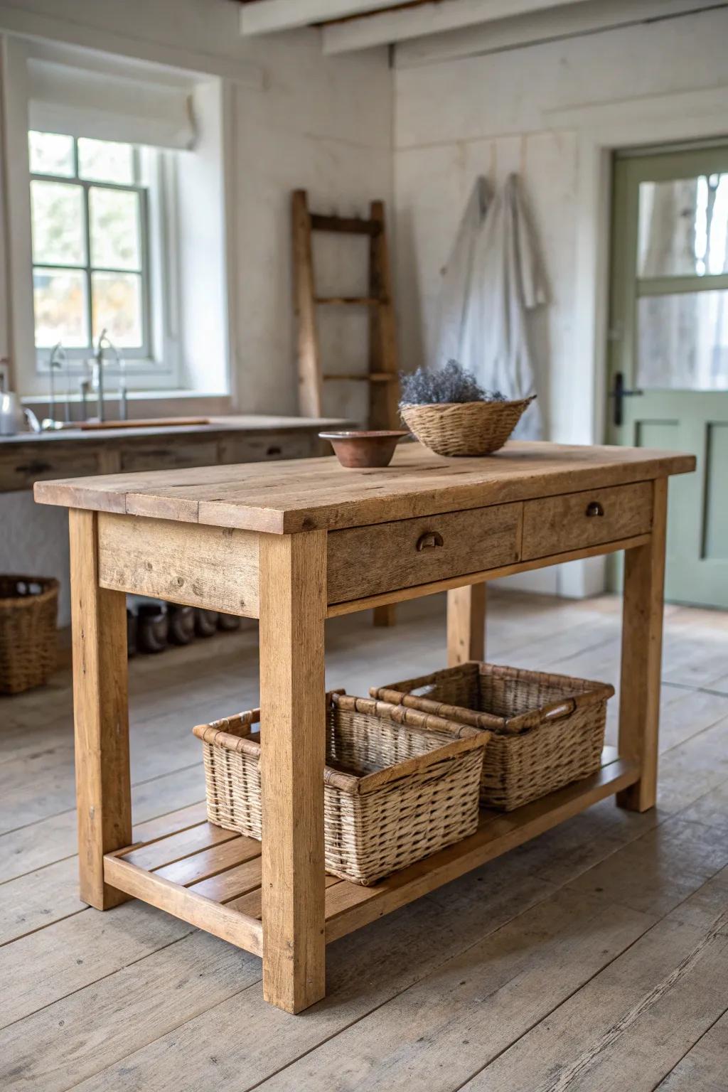 A chunky farm-table island with turned legs brings old-world charm and artisan warmth.
