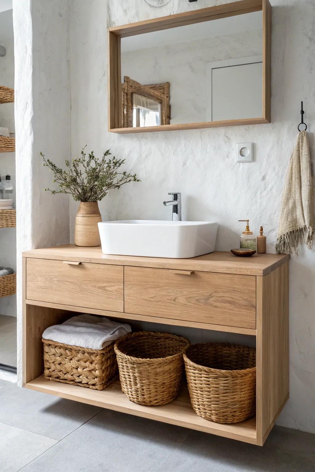A floating oak open vanity with woven baskets keeps a small bathroom light and spacious.