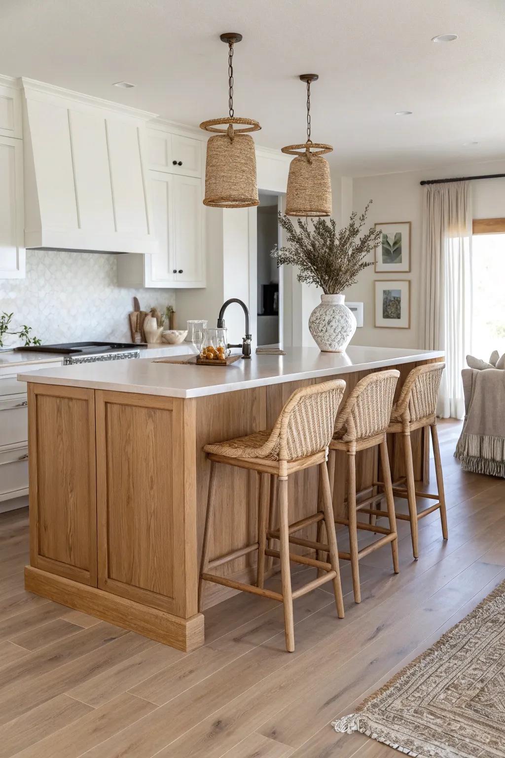 A big oak island anchors the open concept—cook, gather, and stay part of the conversation.
