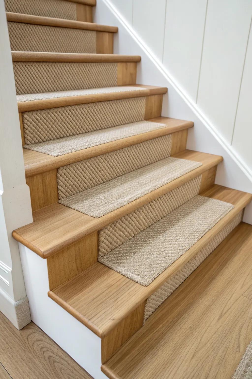 Wrapped bullnose sleeves on open treads create a built-in runner look—warm, clean, and airy.