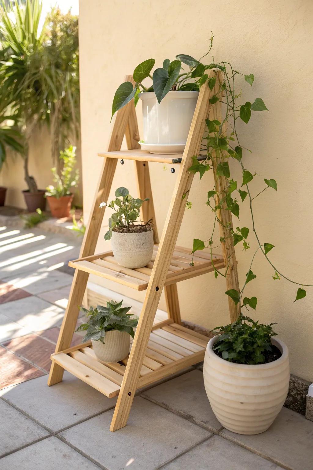 A simple cedar A-frame tiered plant stand—sunlit, sturdy, and made for growing collections.