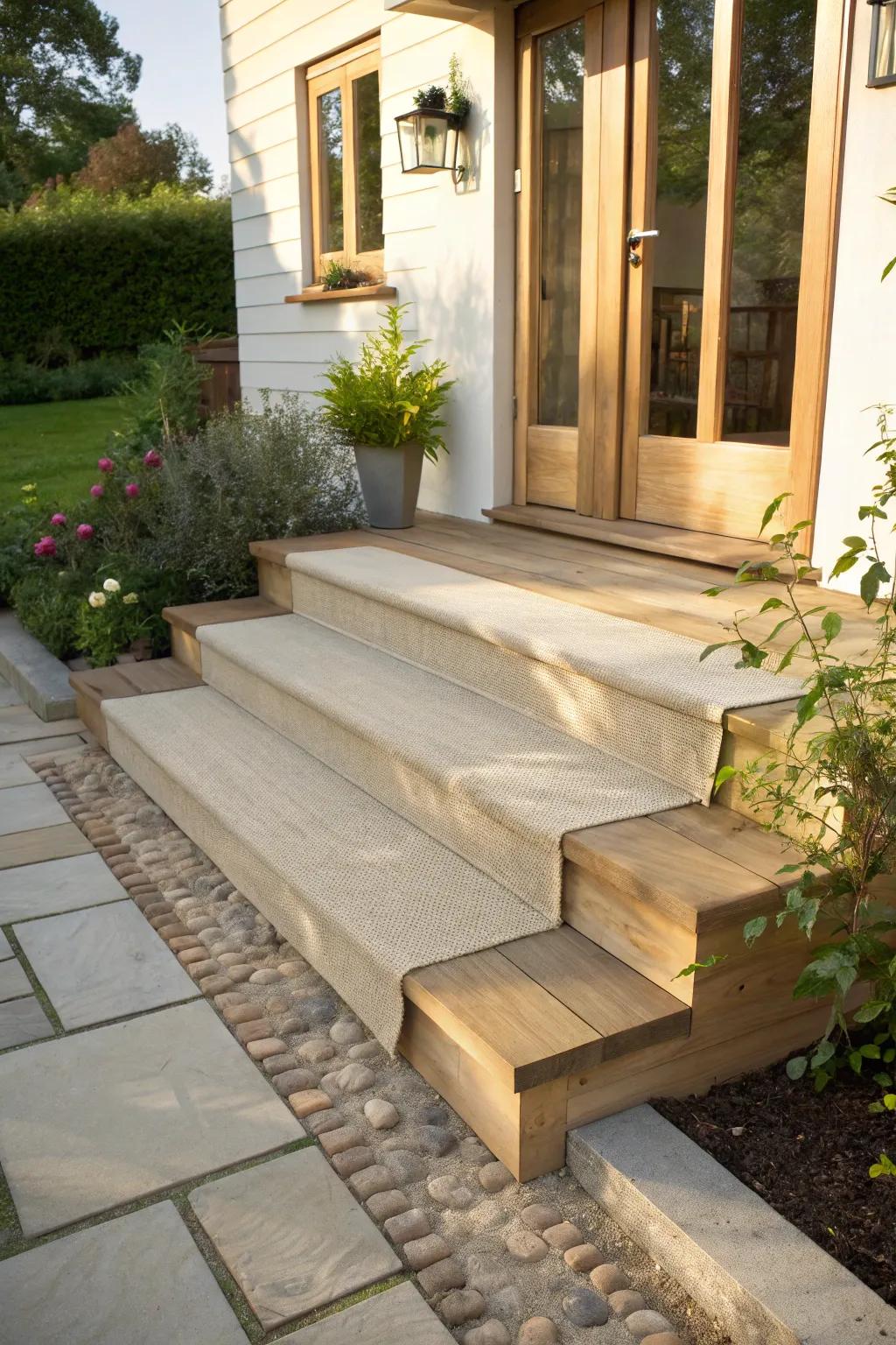 Wide wooden entry steps that feel like an outdoor room—inviting, practical, and beautifully minimal.
