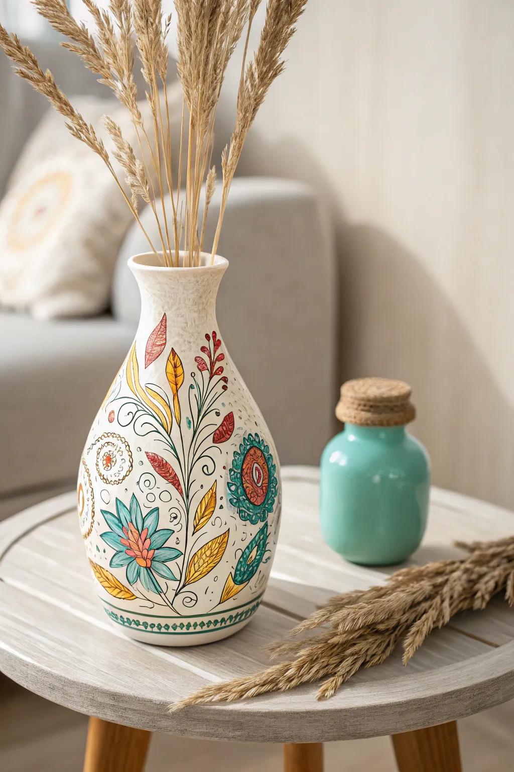 Bring a playful touch to your decor with whimsical acrylic doodles on minimalist ceramics.