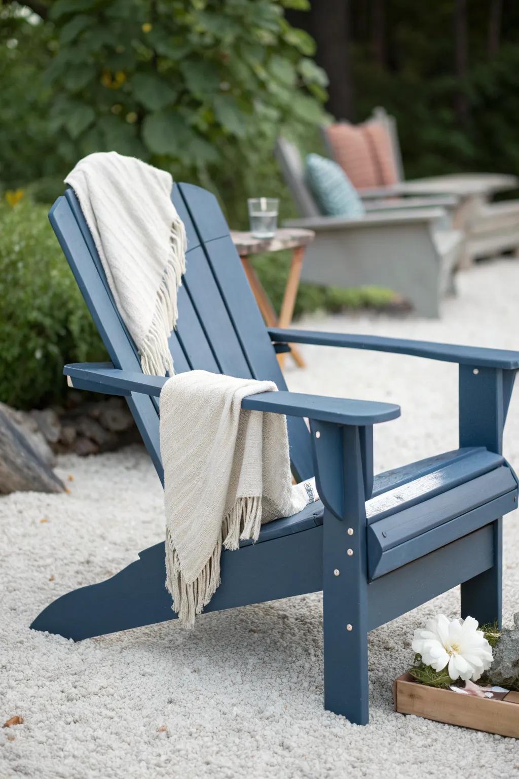 Coastal blue Adirondack chair with crisp white accents—easy “vacation energy” for any yard.