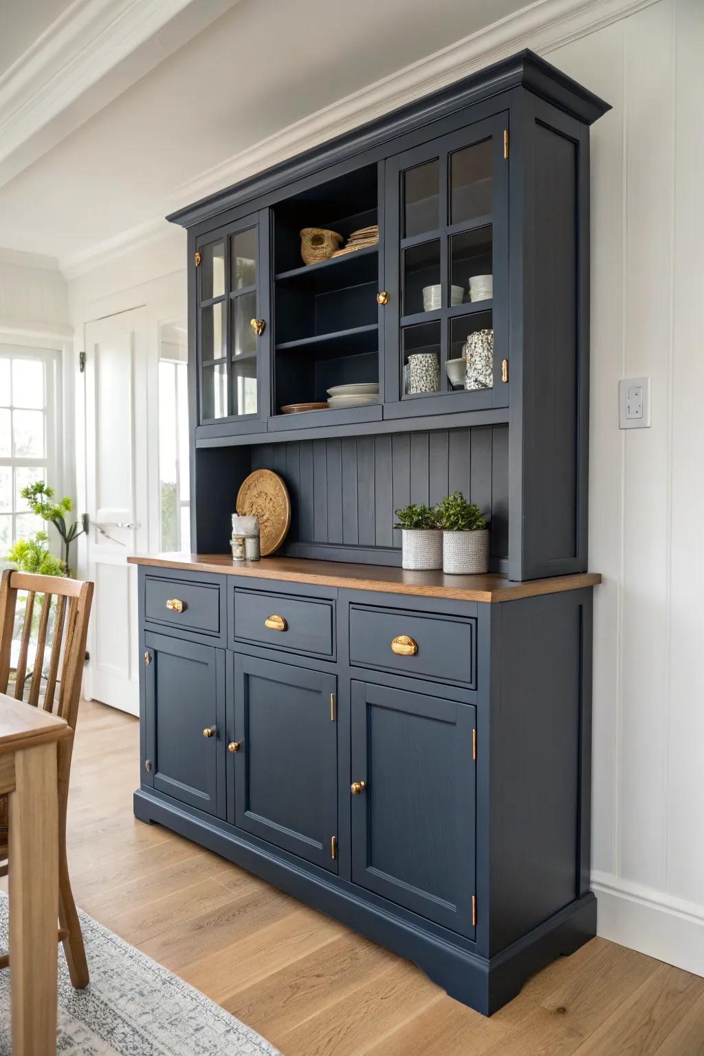 Moody navy buffet & hutch—bold contrast, simple styling, and timeless handcrafted charm.