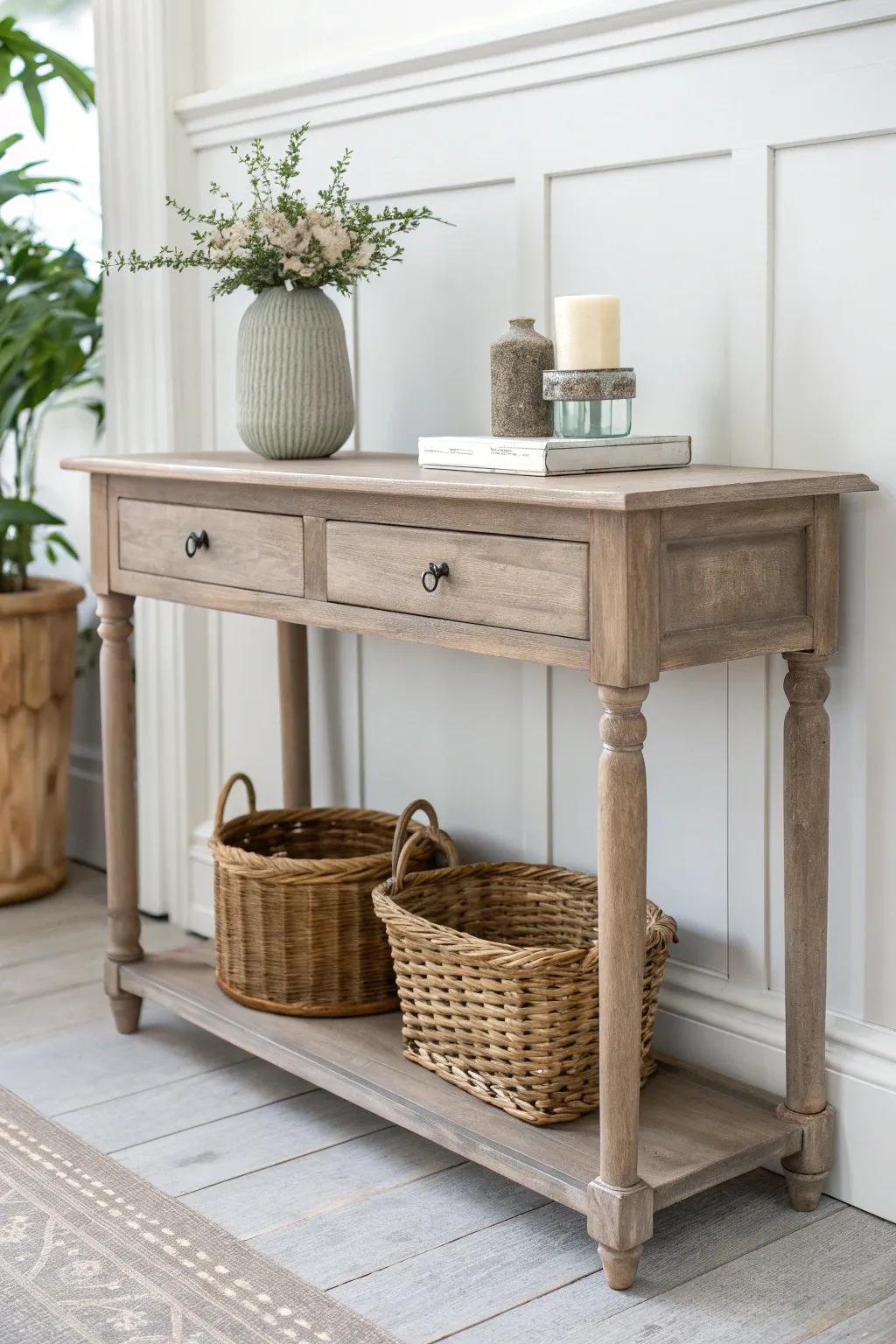 Warm greige console table with softly distressed edges and woven baskets for effortless texture.