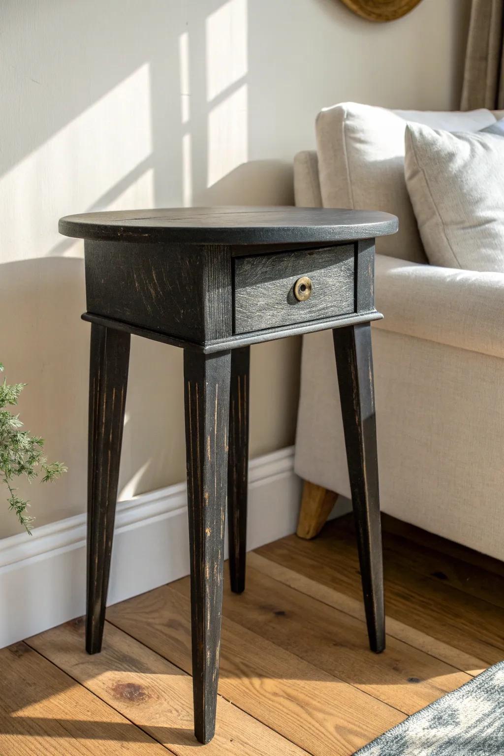 Moody matte-black end table with softly sanded edges—simple, grounded, and full of depth.