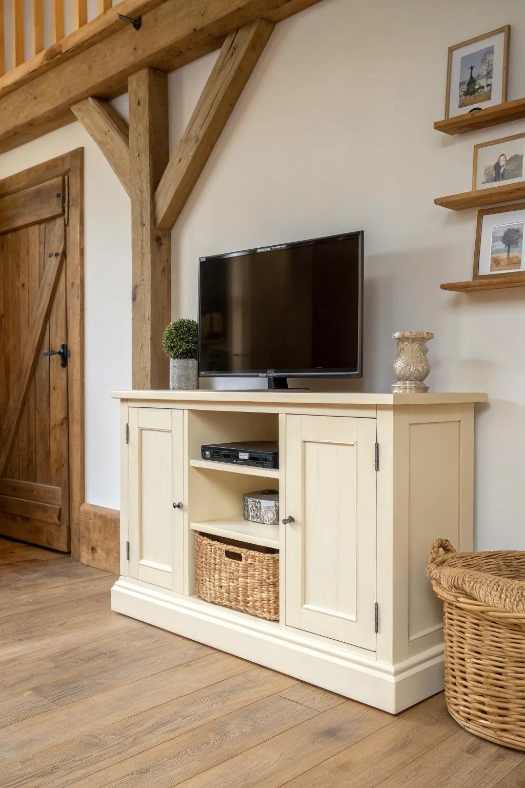 Soft warm cream paint keeps rustic woodsy warmth while brightening your entertainment center.