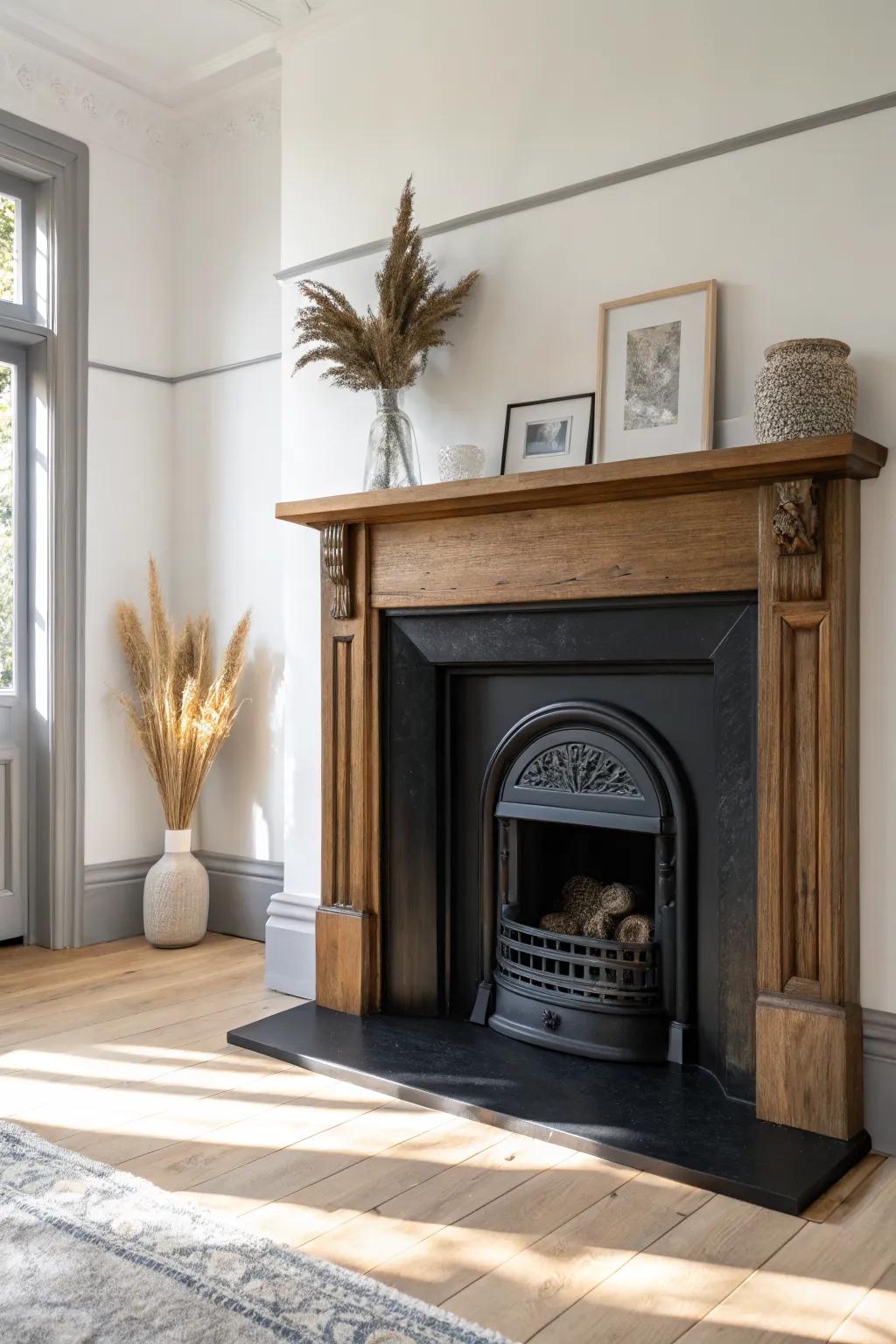 Moody matte black fireplace surround that turns a simple room into a bold focal point.