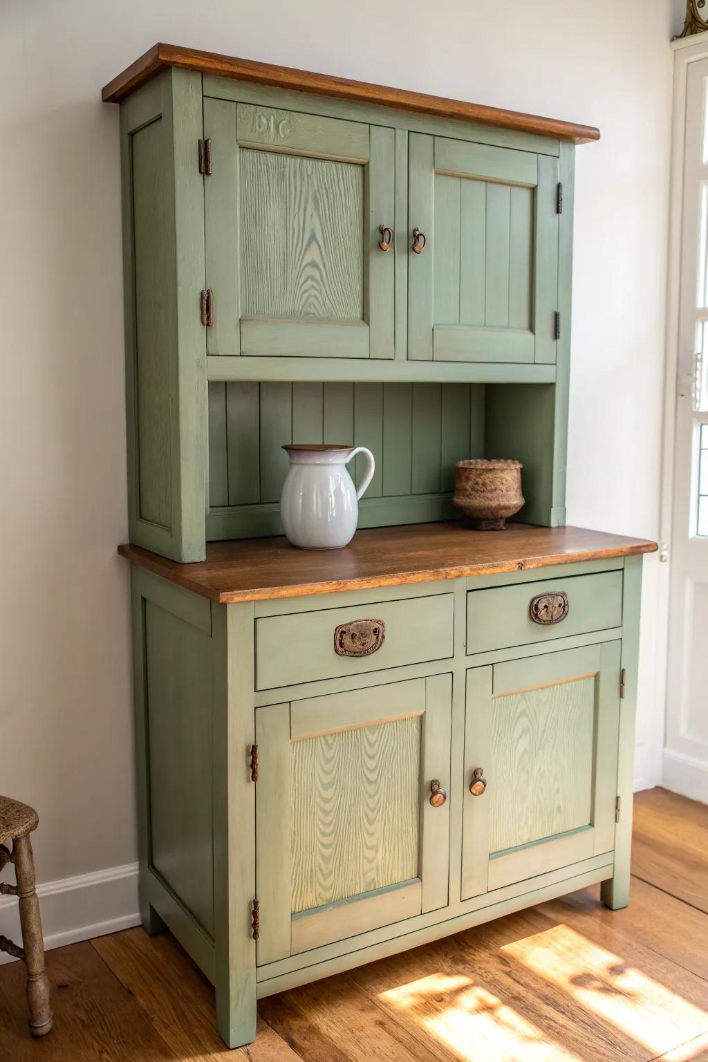 Sage green Hoosier cabinet with matte charm—fresh farmhouse style with warm wood contrast.