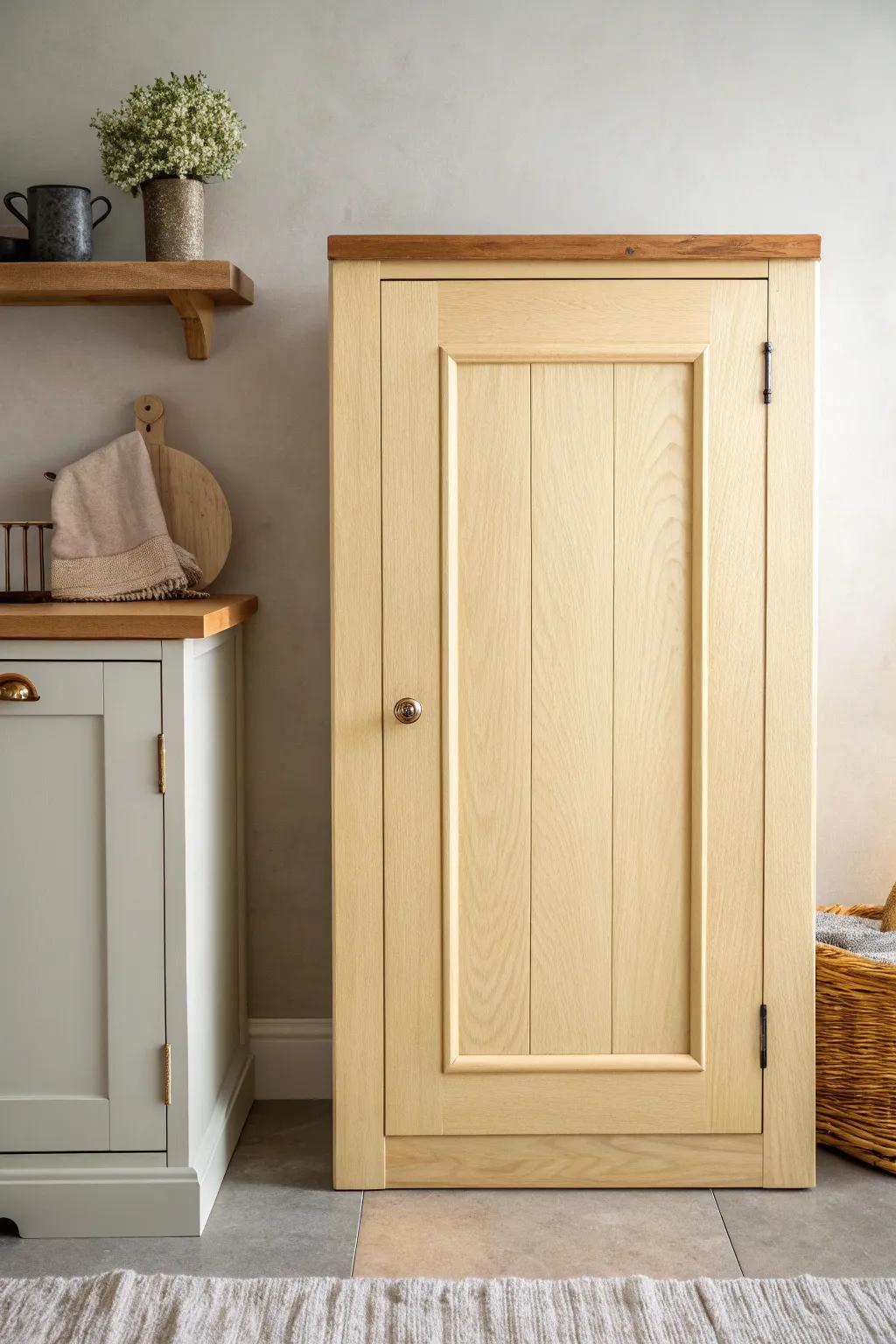 Creamy off-white cabinets that soften oak grain for an effortless, farmhouse-calming look.