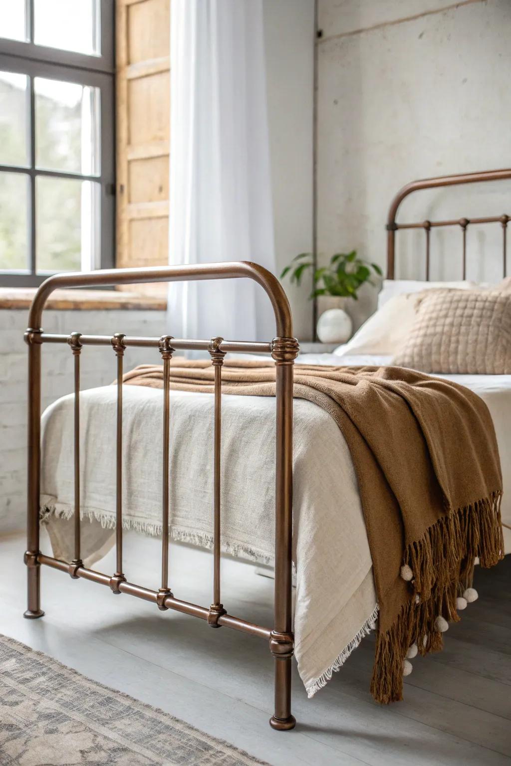 Add a touch of industrial elegance with a bronze metallic bed frame. Effortless style meets minimalist charm.