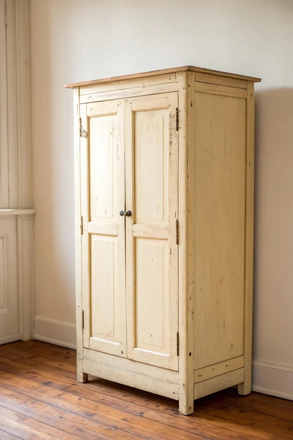 Creamy buttermilk pie safe with chippy edges and punched tin—simple, vintage, and bright.