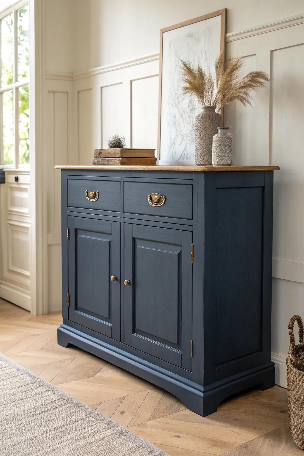 Moody navy sideboard that adds drama while making vintage wood details feel luxe.