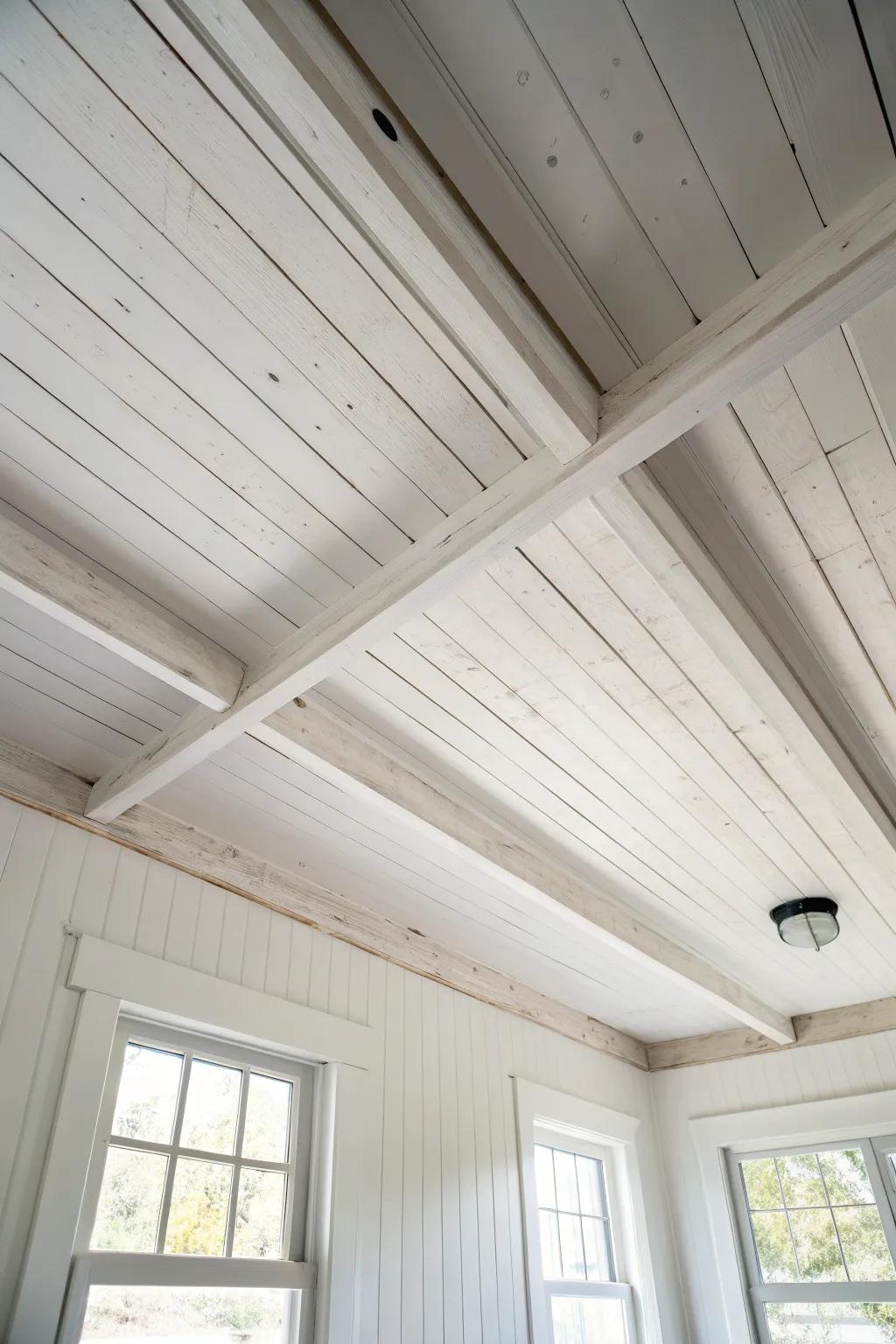 All-white beams and boards—airy farmhouse depth that calms even the busiest rooms.