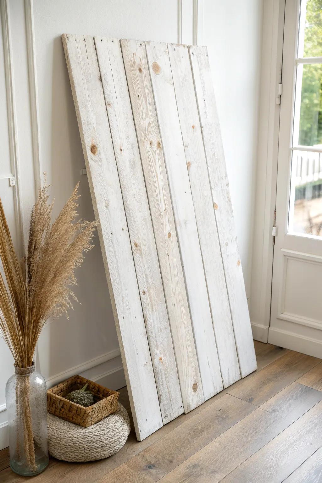 Classic whitewash turns rough pallet slats bright and cohesive—grain still glowing through.