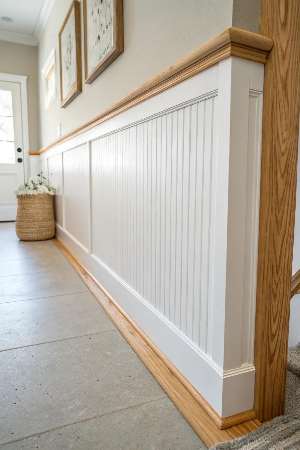 Beadboard half-wall wainscoting: classic basement charm with clean Scandinavian warmth.