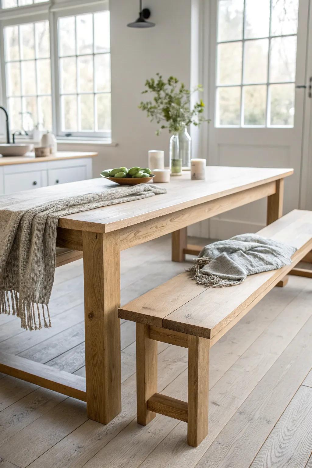 A long farmhouse bench adds easy extra seating—simple, sturdy, and beautifully handmade.